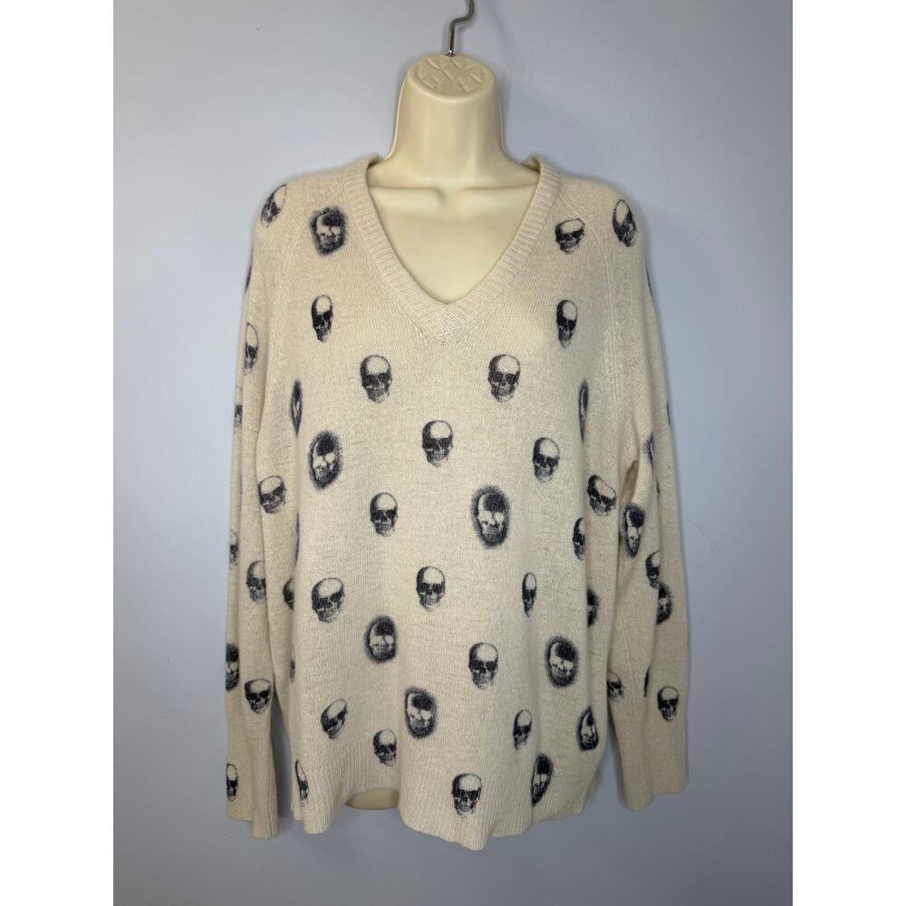 Skull Cashmere V-Neck Skull Print Cashmere Sweater Beige Women's M